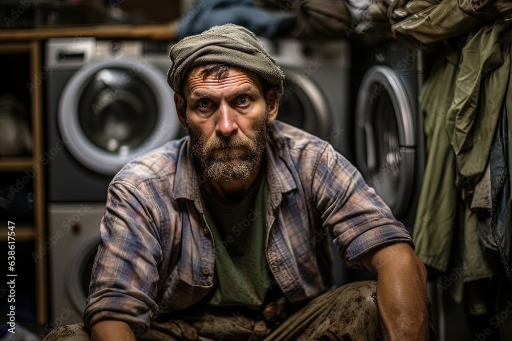 Unhappy, confused man in laundry room with dirty clothing.