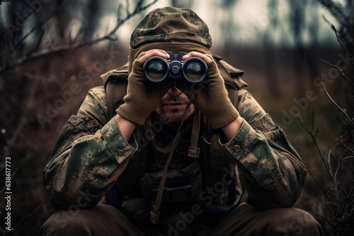 Military soldier with camouflage uniform looking through binoculars.