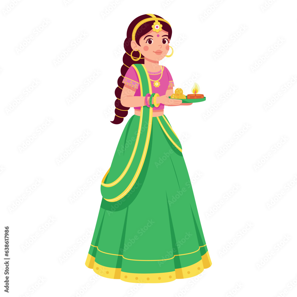 vector diwali cute Indian women illustration isolated