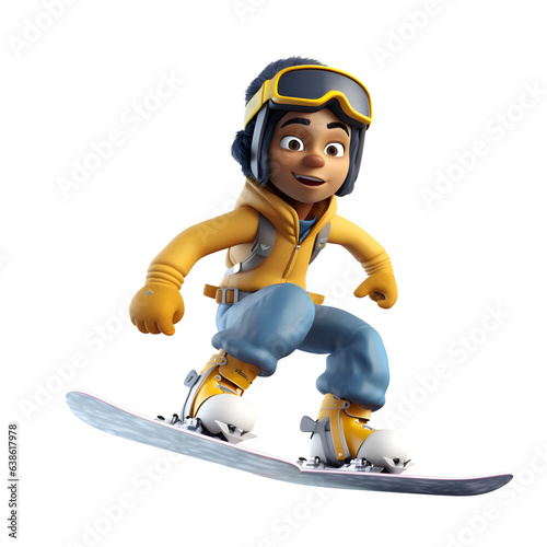 3D illustration of a cartoon character snowboarder on a white background