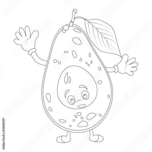 Avocado Coloring Page For Kids. Kawaii coloring page. Coloring book with avocado. Black white illustration