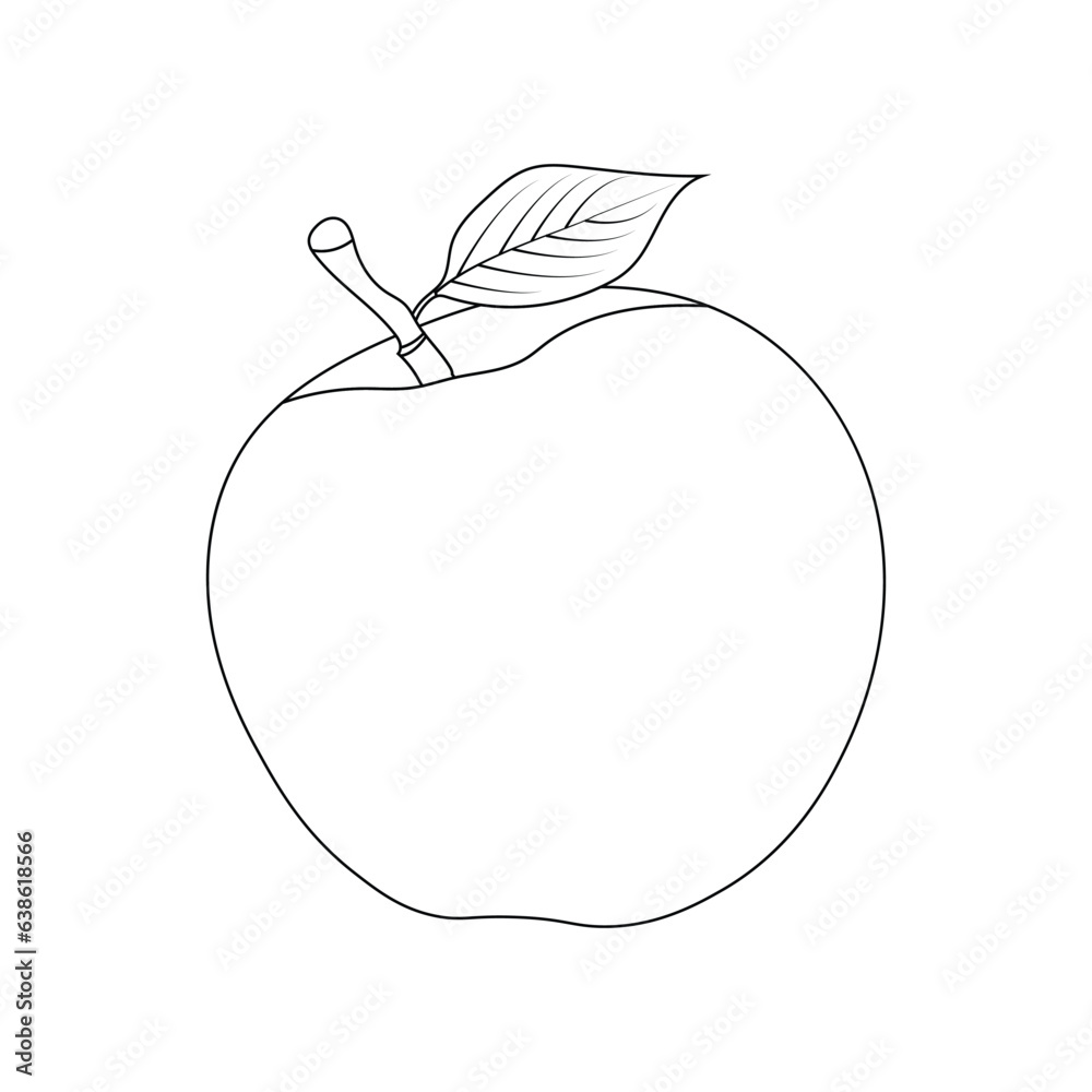 Apple coloring page for kids. Black and White, line art, simple cartoon