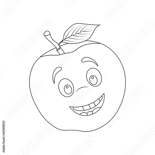 Apple coloring page for kids. Black and White, line art, simple cartoon style, happy cute, and funny fast food. Funny Cartoon food in Kawaii style. Vector kawaii food