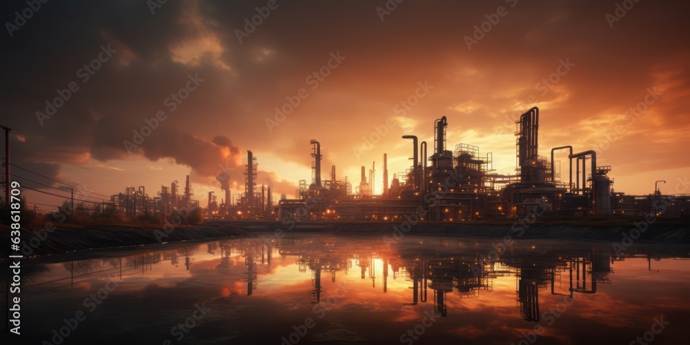Industrial Elegance: Oil Refinery at Dusk in Photorealistic Still Life Style, Showcasing Molecular Details with Ray Tracing and Reflective Mirroring, Infusing the Scene with Atmospheric and Dreamy Cha Industrial Elegance: Oil Refinery at Dusk in Photorealistic Still Life Style, Showcasing Molecular Details with Ray Tracing and Reflective Mirroring, Infusing the Scene with Atmospheric and Dreamy Cha