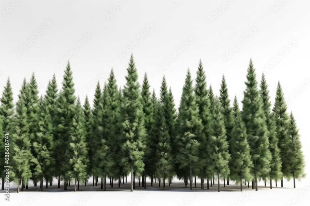 Fototapeta premium A picturesque winter landscape with a row of frost-covered trees in a snow-covered forest on a white background is AI Generative.