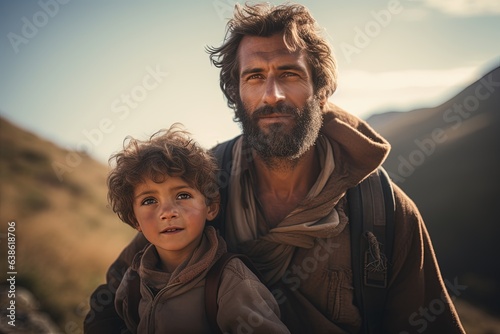 Abraham hiking up a mountain with his son Isaac, Bible story.
