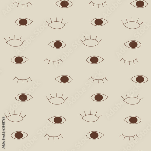 Abstract open and closed eyes seamless pattern. Cute doodle design on beige background. Vector illustration.