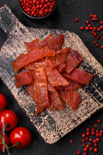 Delicious dried veal or turkey jerky with salt, spices and herbs
