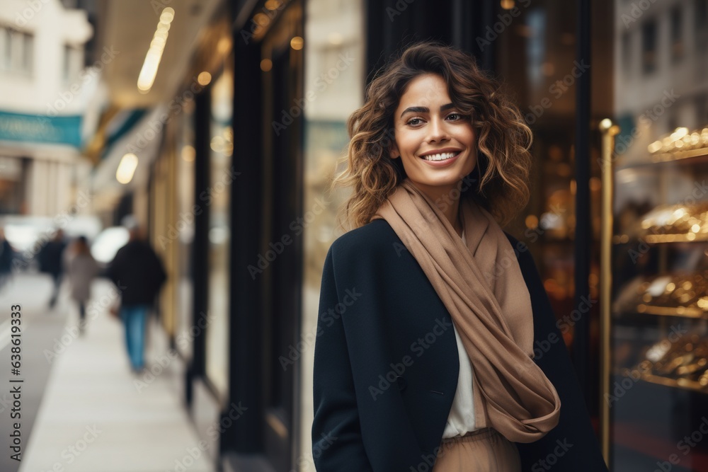 Smiling woman posing outside a luxury store.