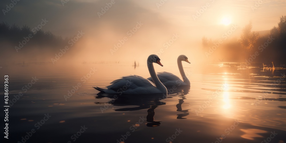 Fototapeta premium Mystical Waters: CGI Depiction of Black Swan Amidst Two White Swans in a Lake with Morning Fog Over Water, Amidst Sunset's Glow, Evoking a Serene Summer Fantasy