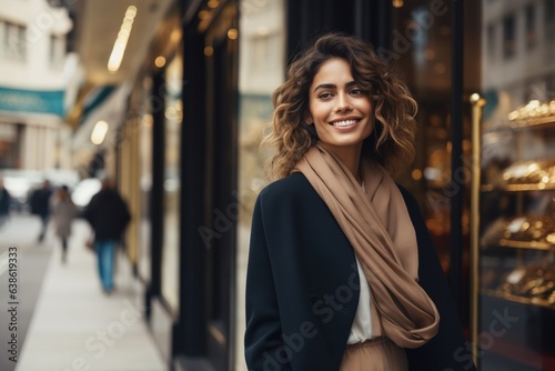 Smiling woman posing outside a luxury store.