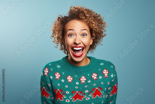 Smiling woman in ugly Christmas sweater.