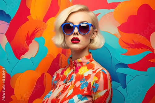 Trendy portrait of a blond woman with sunglasses on a colorful background.
