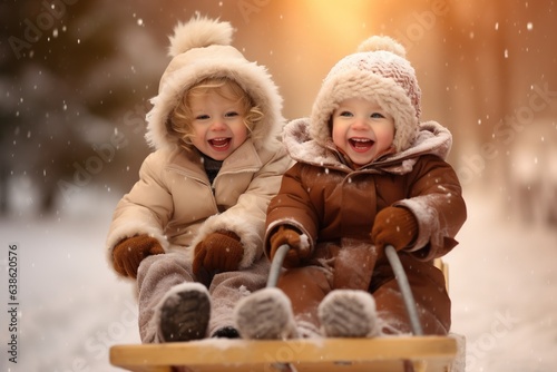 Little boys having fun on a sled in the winter.