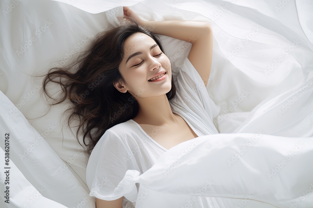 Woman happily sleeping on bed with white blanket. Woman happily sleeping on bed with white blanket.