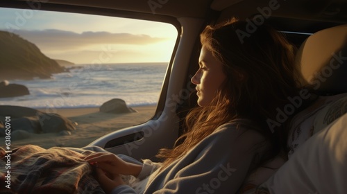 Cute woman traveling in her van. Generative AI