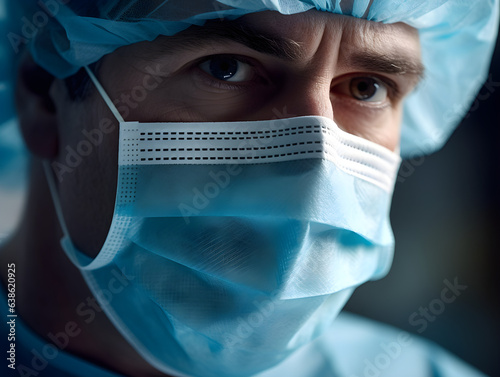 Photograph a surgeon in a pristine white surgical gown and facemask, capturing candid moments that focus on the intricate joints and connections of their attire. Generative AI