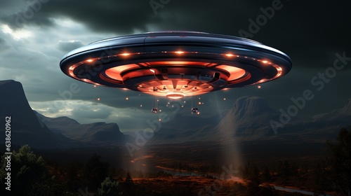 An unidentified flying object hovered in the sky. Space flying saucer with lights. An alien UFO visits the earth. Aliens from another planet. Generative AI 