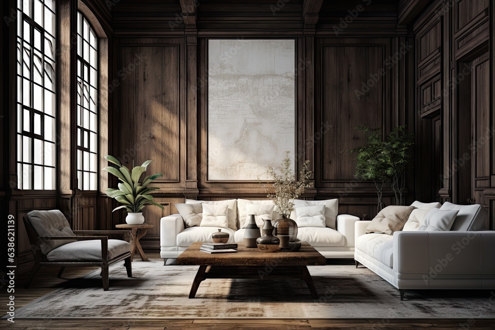 a white sofa, two chairs, coffee table, and wooden floor in an old rustic living room Generative AI
