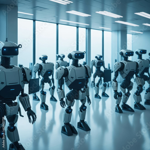  Robots in Line Ready For Assignment In Office Space, Robots In Human Jobs Concept, Generative AI