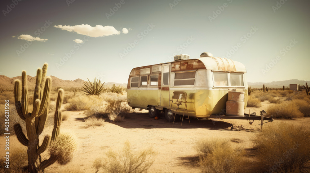 Obraz premium Old style retro caravan abandoned in the desert with sand and cactus. Generative AI