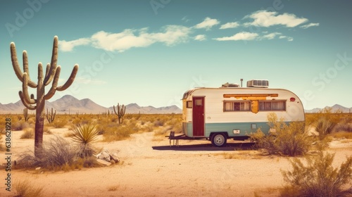 Old style retro caravan abandoned in the desert with sand and cactus. Generative AI