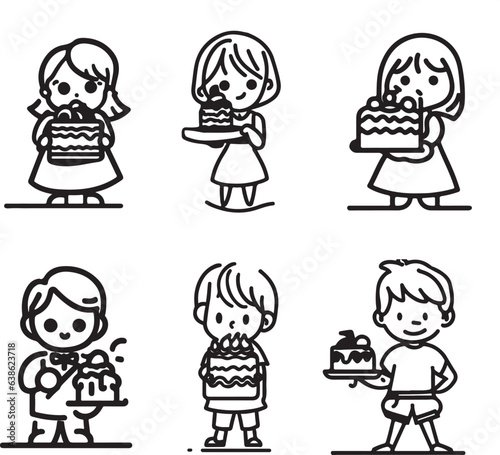Girl and Boys with cake line art vector 