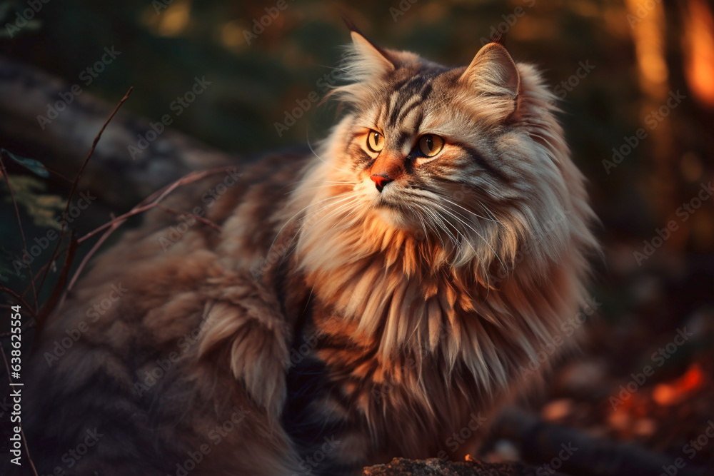 Siberian Forest Cat in forest. 