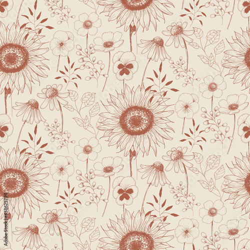 Hand drawn bushy autumn flowers and botanical repeated pattern in a brown sugar color on an eggshell background color.