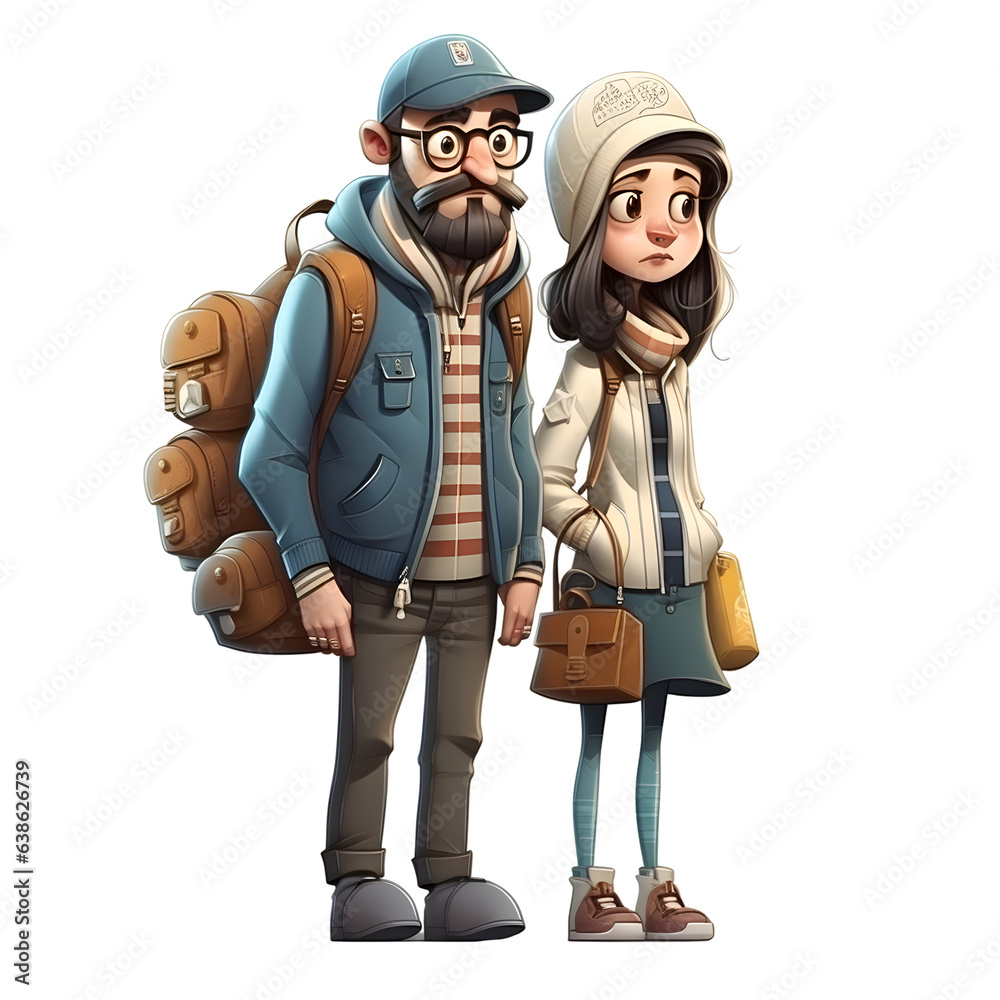 Vector illustration of a young couple with backpacks on a white background