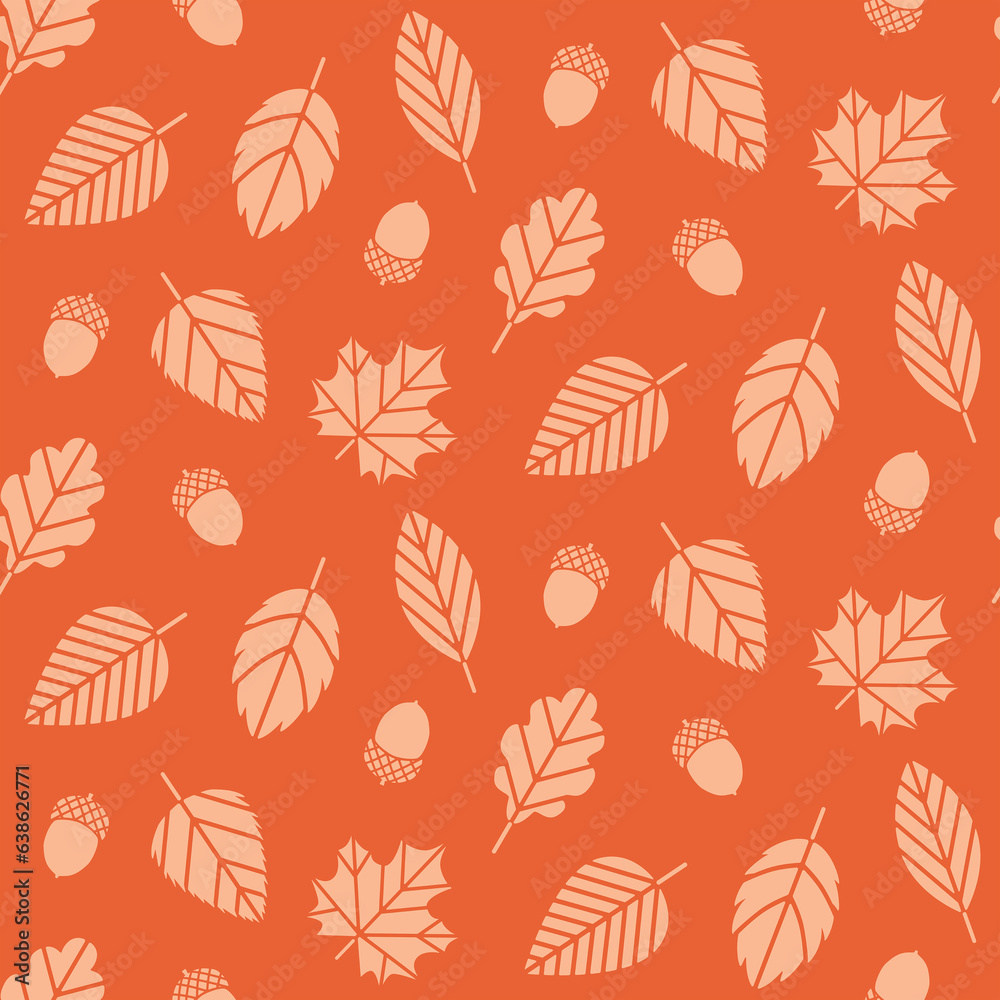 Cream orange autumn leaves and acorns repeated pattern on orange background