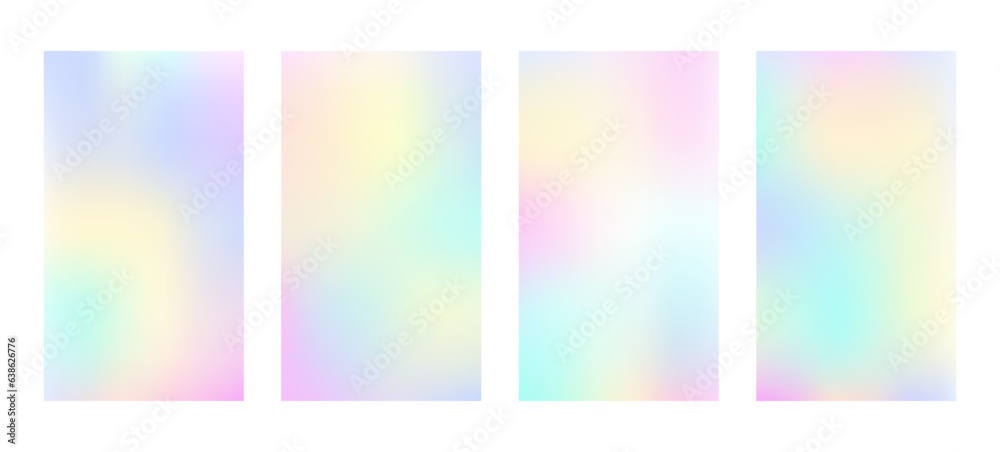 Holographic gradient background set cover in 90s, 80s style. Collection of vector vibrant template. Design for banner, flyer, poster, web, phone screen