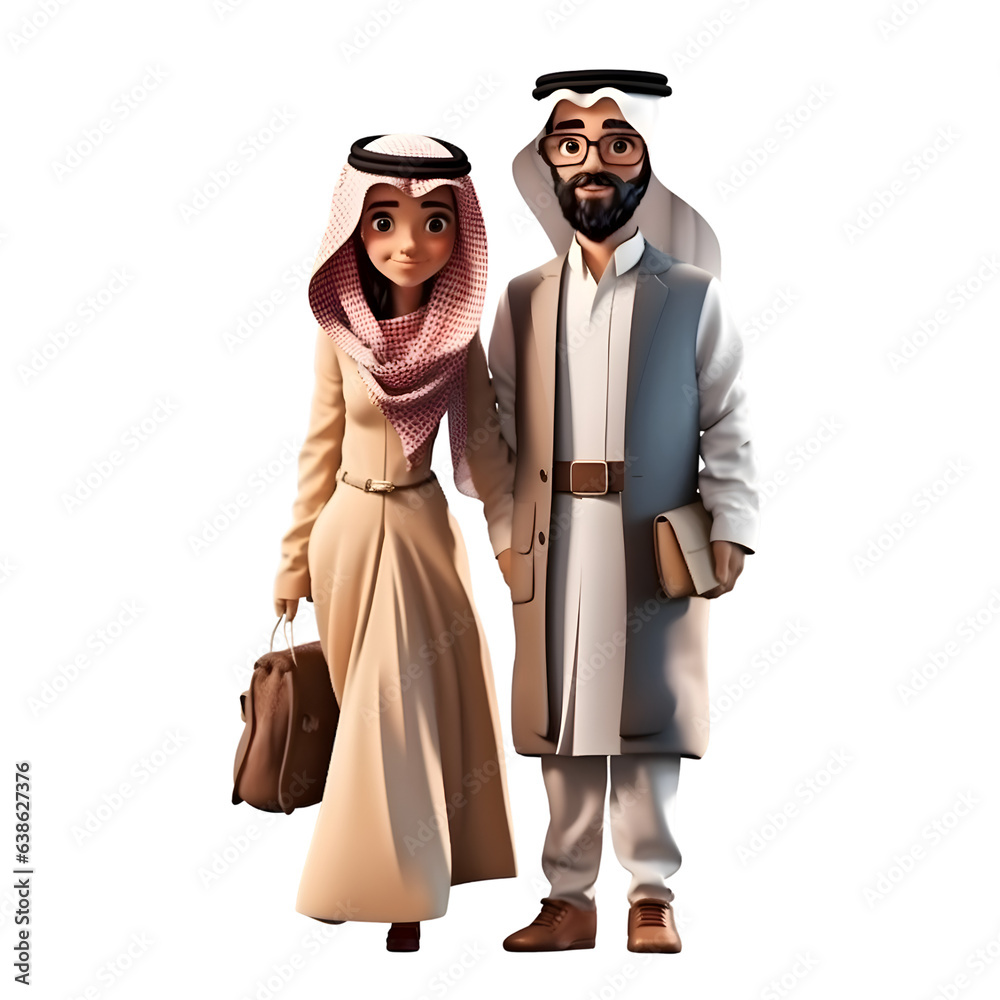 3d illustration of arabic man and woman standing isolated over white background