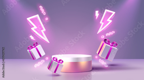 Scene mega sale, the gift and lightning symbol, super offer podium banner, gift pedestal. Vector illustration