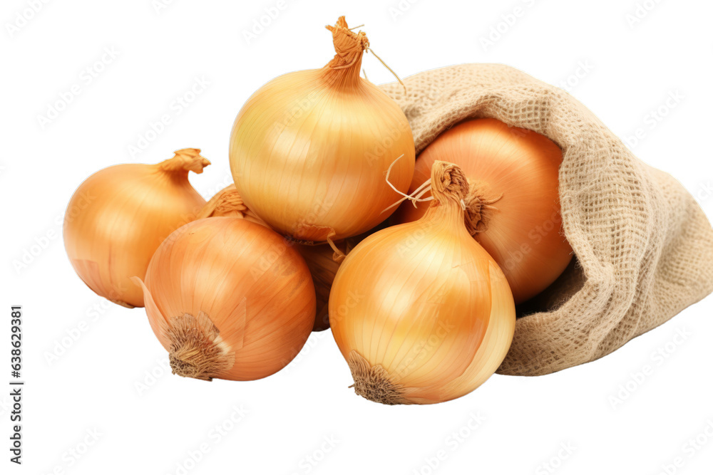 Fototapeta premium Raw fresh onions in burlap bag isolated on transparent background PNG