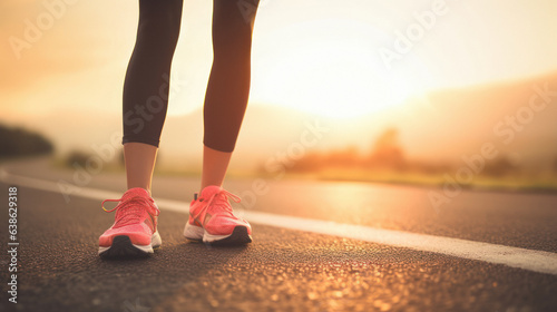 A woman dressed in sports shoes is on the open road at dawn, ready to begin her running session and embrace a healthy lifestyle.copy space