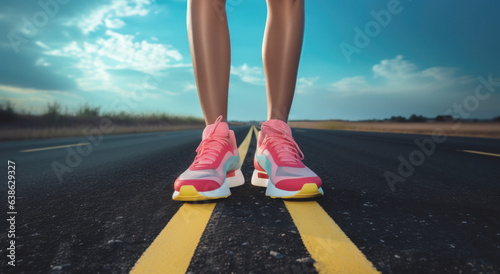 A woman wearing running shoes positions herself on the road, beginning her exercise session and showcasing her commitment to a healthy lifestyle, at noon.