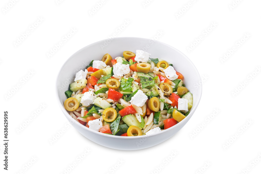 Spinach cucumber pepper orzo salad in a bowl on a white isolated background