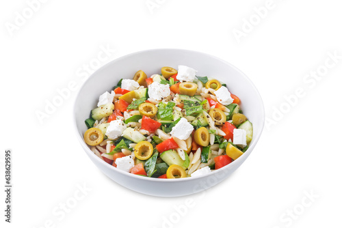 Spinach cucumber pepper orzo salad in a bowl on a white isolated background