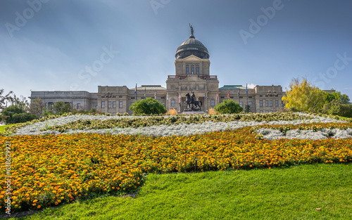 Flowers in front of the granite state capitol building in Helena, Montana, USA