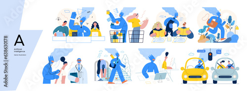 Artificial intelligence, modern flat vector concept illustrations of AI effectively replacing humans in they everyday life. Metaphor of AI advantage, superiority and dominance concept