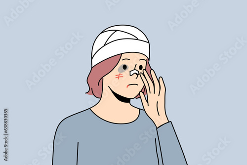 Beaten woman with bandage on head and wounds on face became victim of criminal or maniac. Beaten girl is stressed and needs medical and psychological support after being attacked by intruder