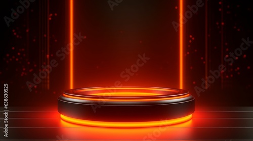 Neon Round Podium with Fiery Orange Glow. AI generated
