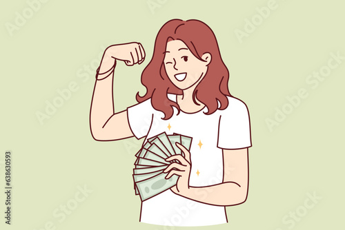 Rich woman with cash money in hands shows biceps and winks, offering to earn well. Girl holds money earned on investments and recommends developing own business that brings good profits and dividends