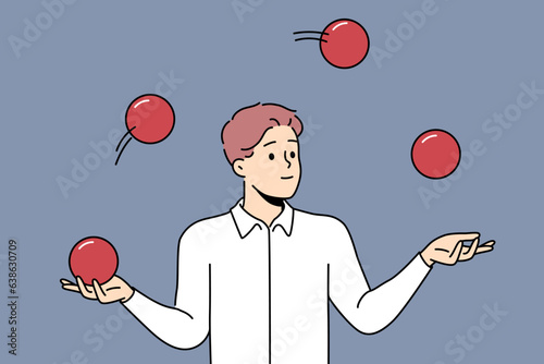 Business man juggles balls to demonstrate multitasking skills and ability to maintain balance. Guy juggles demonstrating interesting and amazing trick from repertoire of circus artists