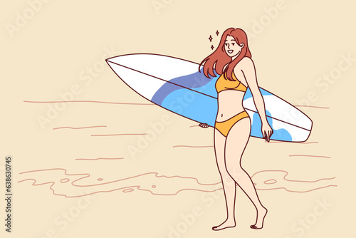 Woman surfer dressed in bikini walks along beach with surfboard and enjoys summer trip to tropical island. Surfer girl in bathing clothes smiles, walking on ocean and calls to go on trips and surf © drawlab19