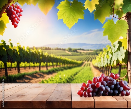 Wooden table with fresh red grapes, vineyard field.