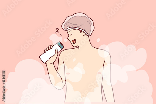 Naked man sings in shower using shampoo instead of microphone and stands in puffs of steam. Guy taking bath sings and pretends to be visitor to karaoke club, enjoying spa treatments