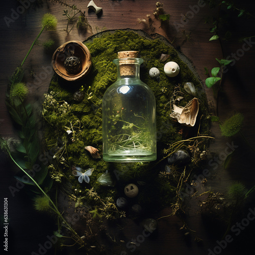 A druids potion table with moss and greenery