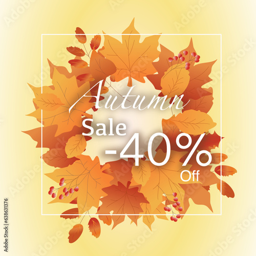 Vector Autumn Sale card  background  banner  poster or flyer design. Up to 40 of discount drawn of autumn elements  maple leaves. 